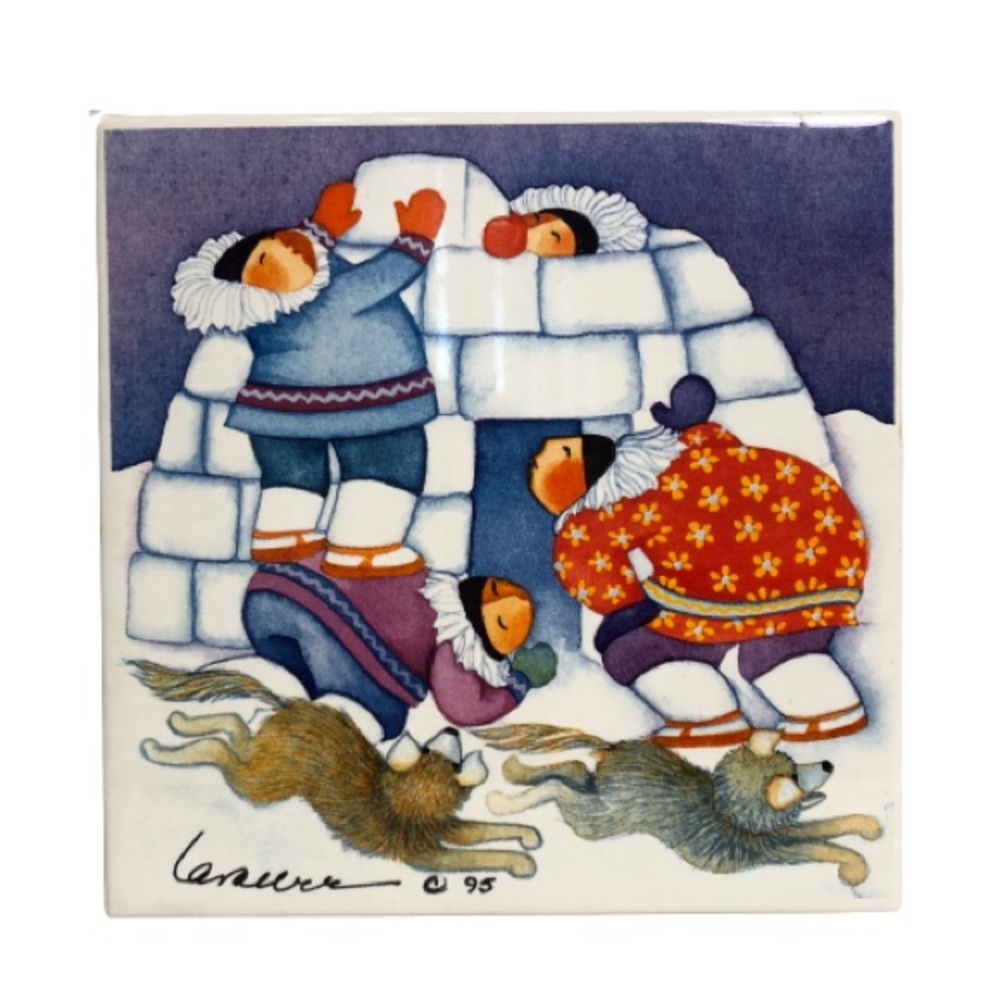 VINTAGE Lavallee Inuit Igloo & Dogs Tile Trivet 95